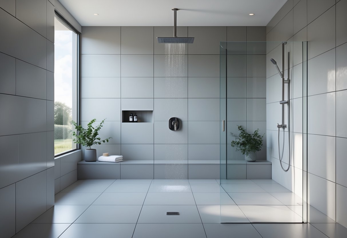 A modern wet room with floor-to-ceiling tiles, an open shower area with rain showerhead, glass partition, and built-in niche for toiletries.