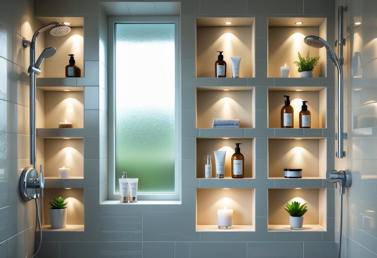 Shower area with multiple recessed niche shelves holding toiletries and decorative items in a modern bathroom.
