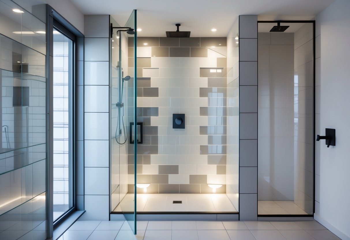 A modern shower area with walls featuring a mix of matte and glossy tiles, a glass door, and a rain showerhead.