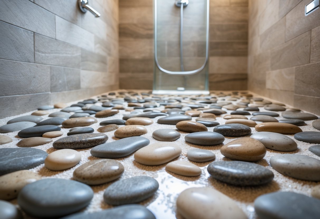 Shower interior with a natural stone pebble floor, light tiled walls, and a glass door.
