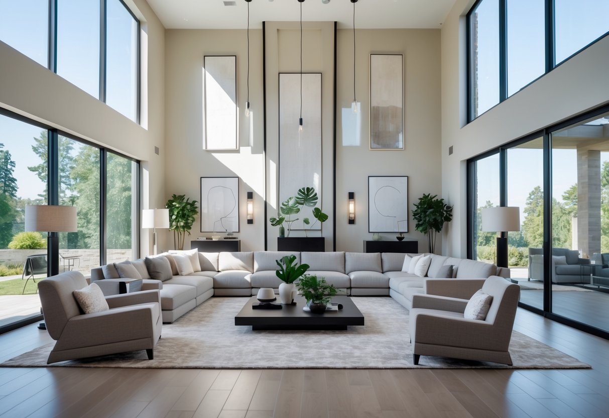 A spacious living room with a high ceiling, large windows, modern furniture, and natural light filling the space.