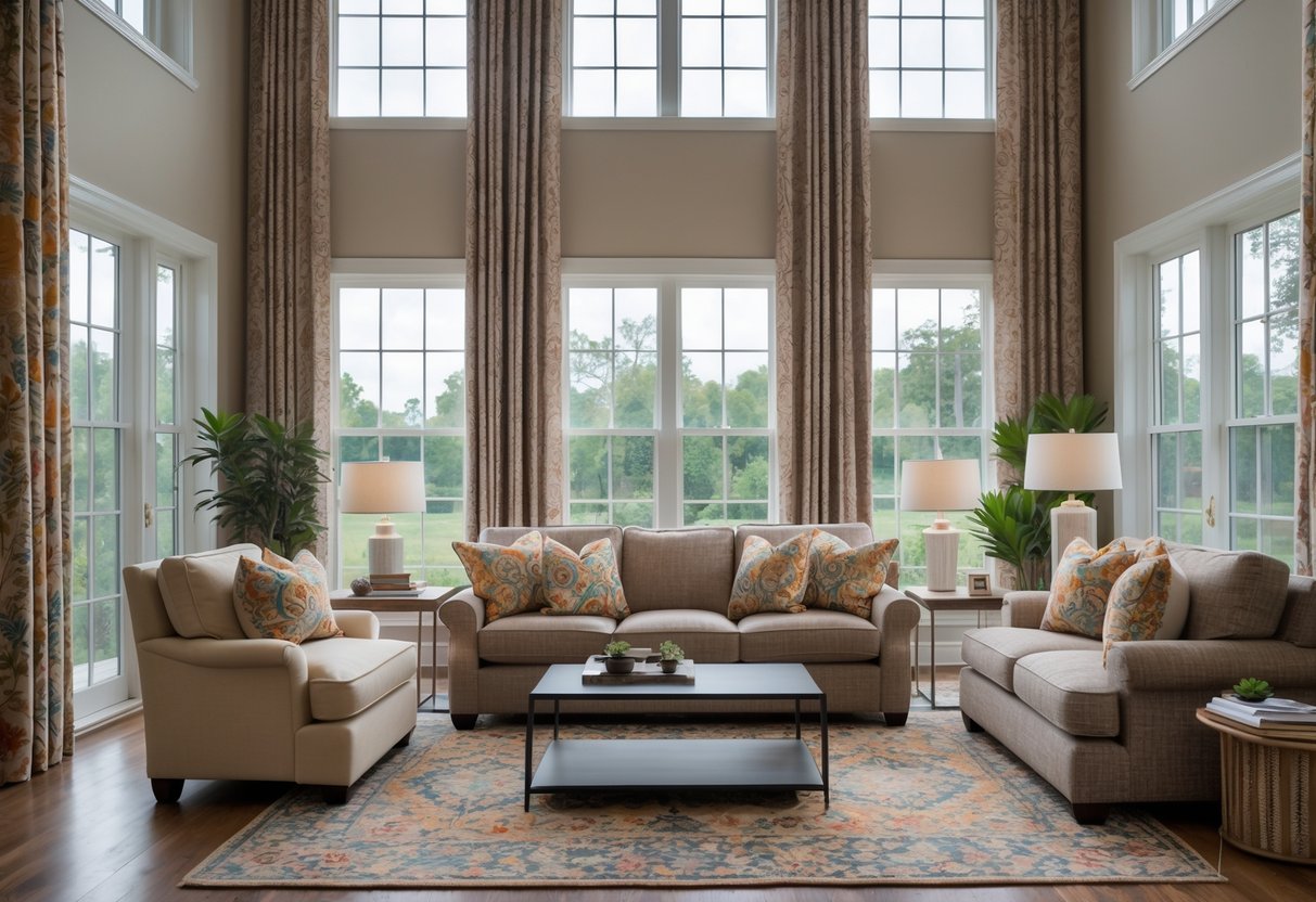 A spacious living room with high ceilings, patterned cushions on a sofa, and matching patterned drapes on tall windows.