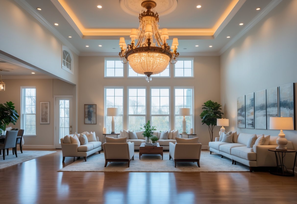 A spacious living room with a high ceiling and a large elegant chandelier hanging from the center, surrounded by modern furniture and natural light.