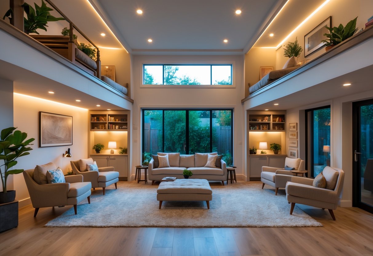 Living room with high ceiling and mezzanine spaces used as cozy seating and reading nooks.