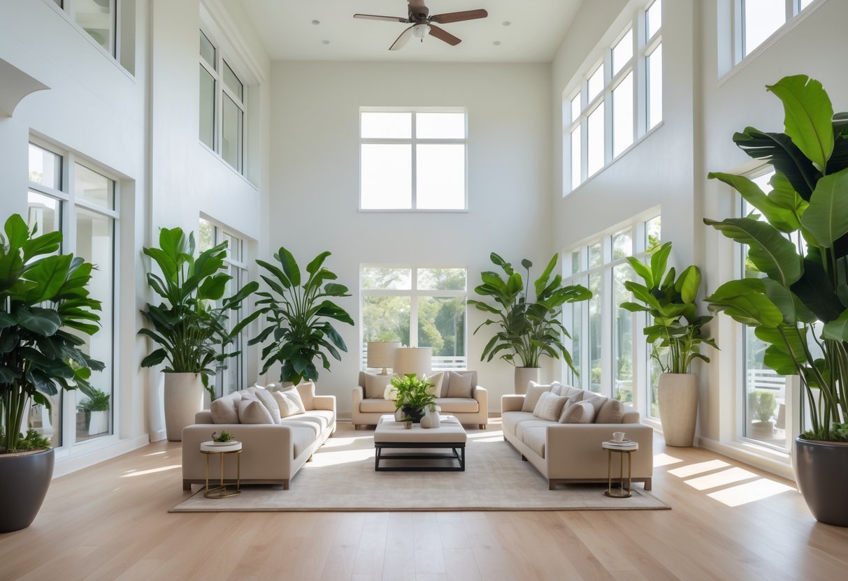 A spacious living room with a high ceiling and tall indoor plants placed near windows and corners, featuring modern furniture and natural light.