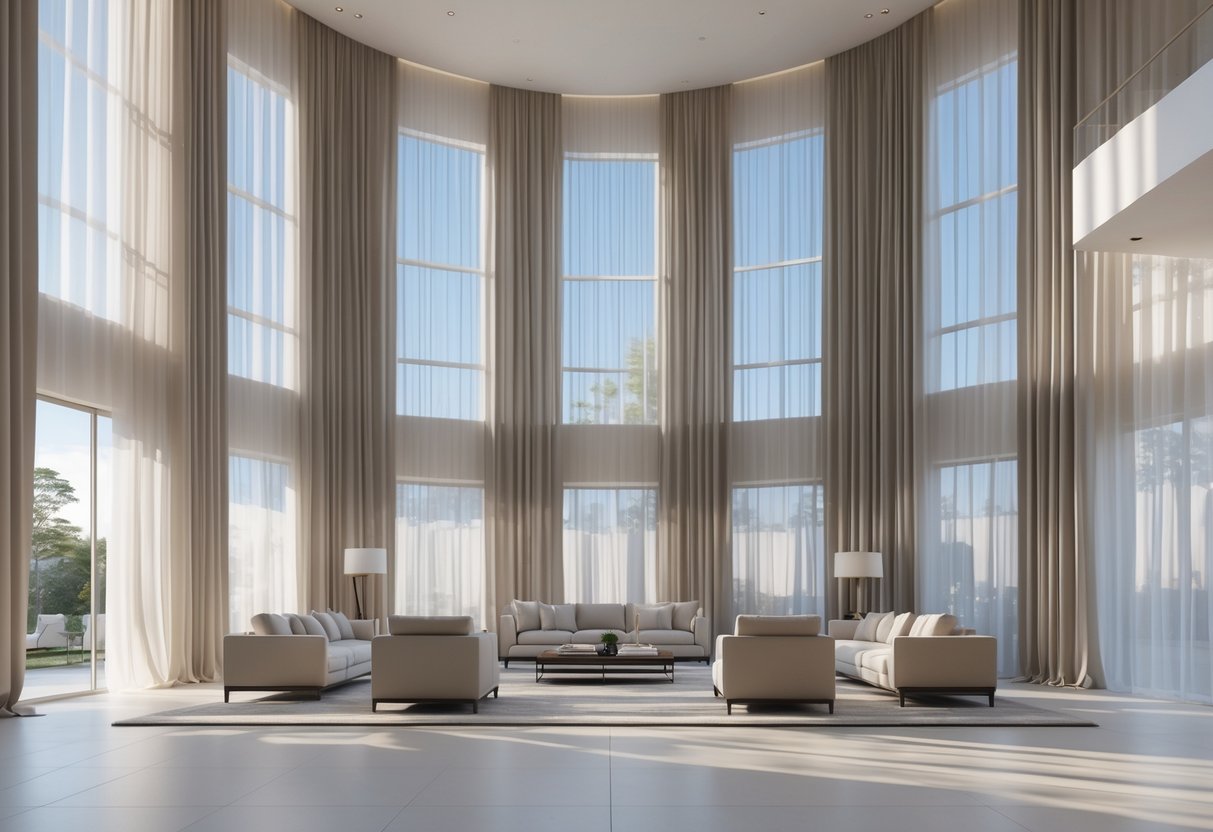 A spacious living room with long curtains hanging from the ceiling to the floor, highlighting the high ceiling and bright natural light.