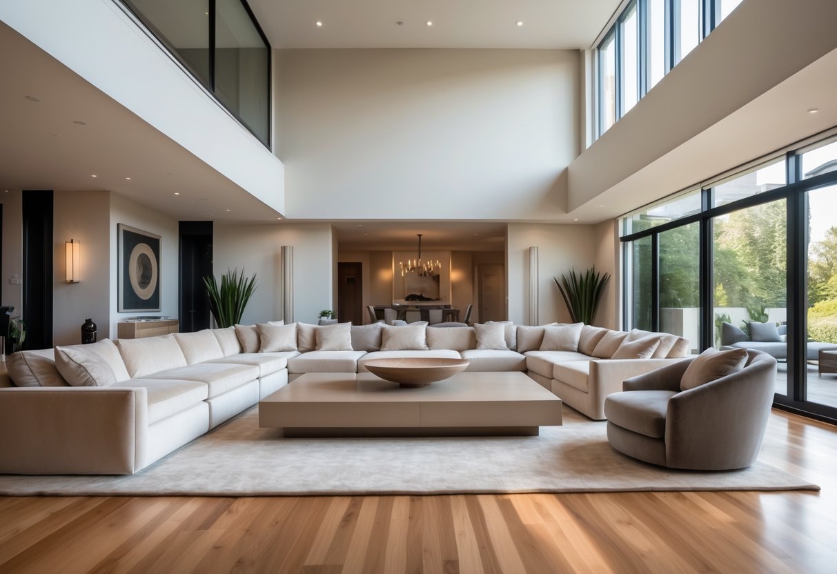 A spacious living room with a high ceiling, featuring large furniture pieces including a sectional sofa, armchair, and coffee table, with natural light coming through tall windows.