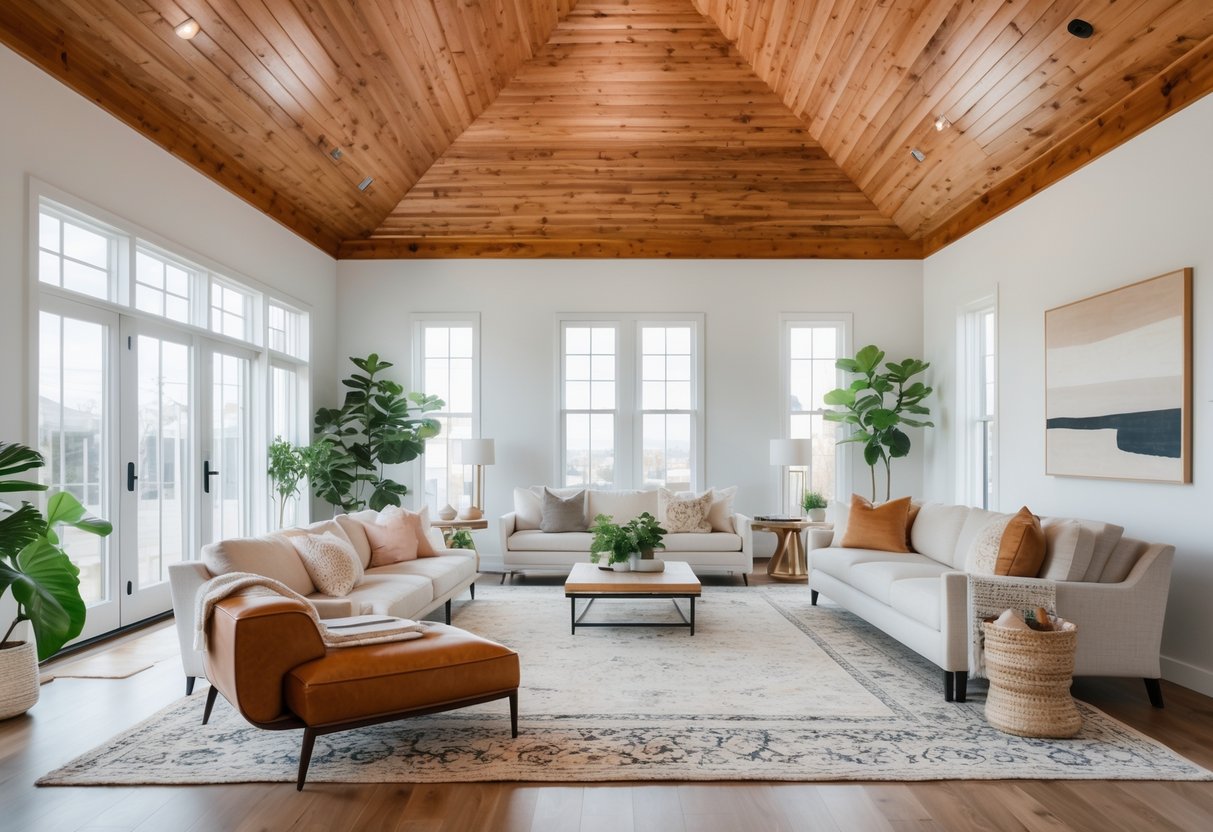 A spacious living room with a high ceiling featuring wood paneling, furnished with modern seating and decorated with plants and artwork.