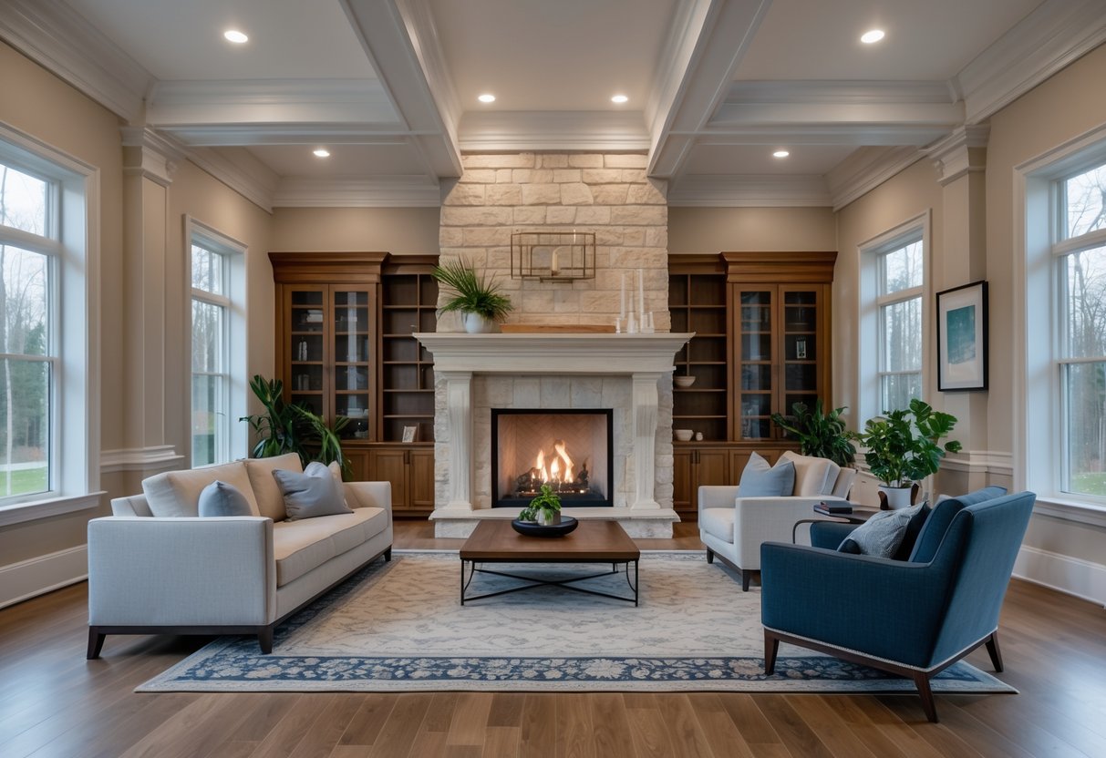 A living room with a grand stone fireplace, high ceilings, large windows, and comfortable seating.