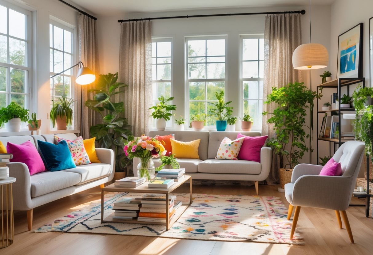 A living room with a sofa, coffee table, floor lamp, area rug, artwork, plants, mirror, curtains, bookshelf, and accent chair arranged together.