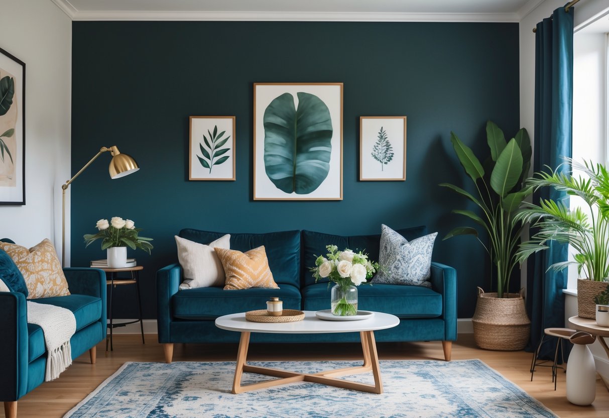Living room with a deep navy or forest green accent wall, sofa, coffee table, artwork, and indoor plants.