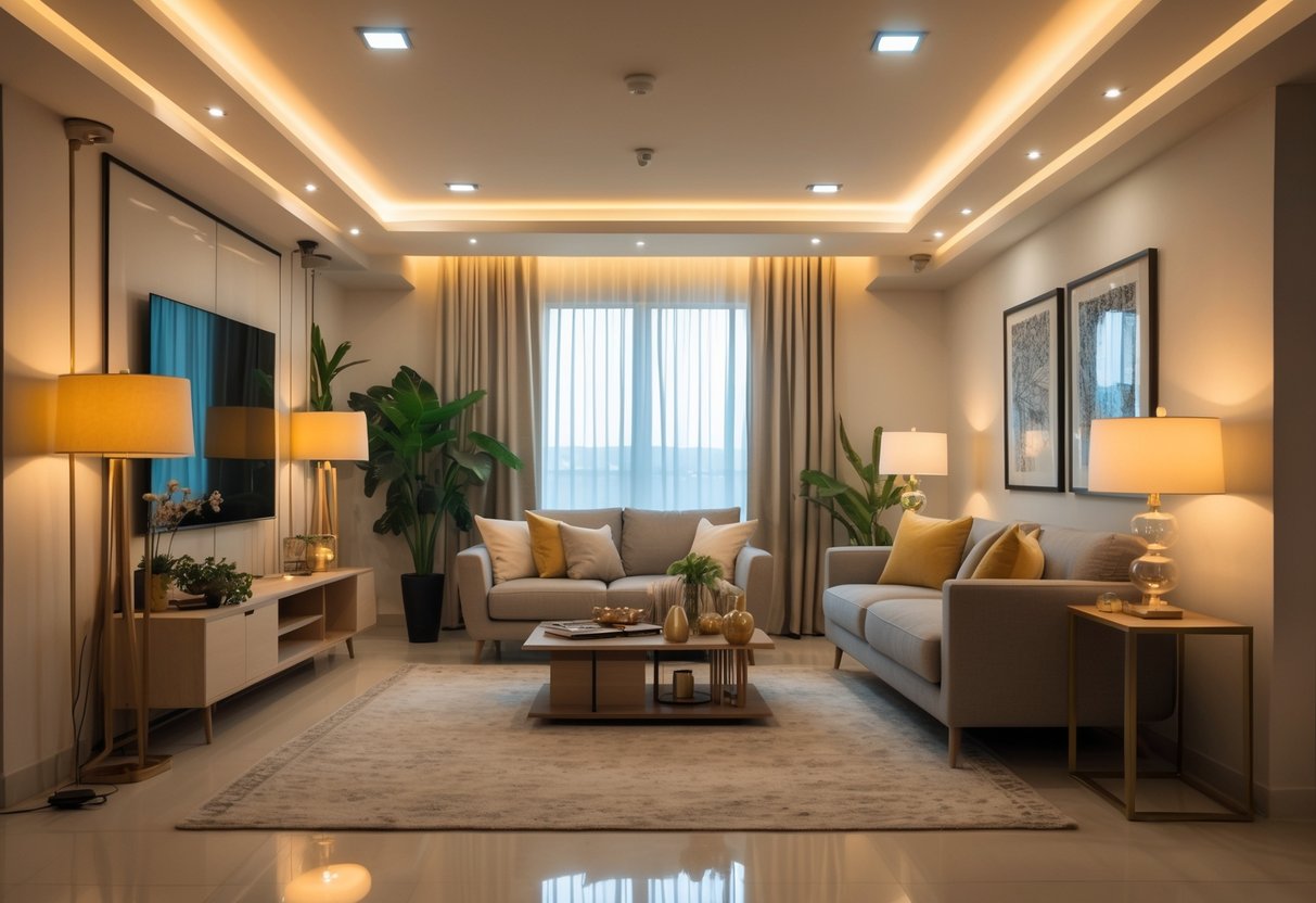 A living room with a sofa, coffee table, plants, and multiple light sources including floor lamps, table lamps, and recessed ceiling lights creating a warm and inviting atmosphere.