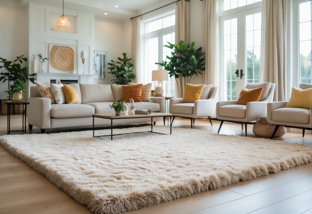 A living room with a large plush rug defining the seating area, including a sofa, chairs, and a coffee table.