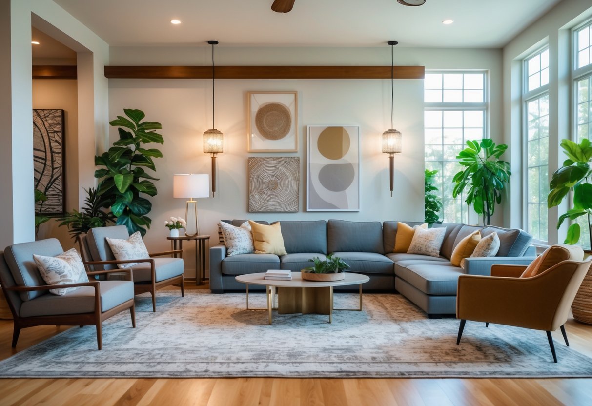 Living room with a sectional sofa, accent chairs, coffee table, plants, and decorative items arranged in a cozy and inviting space.