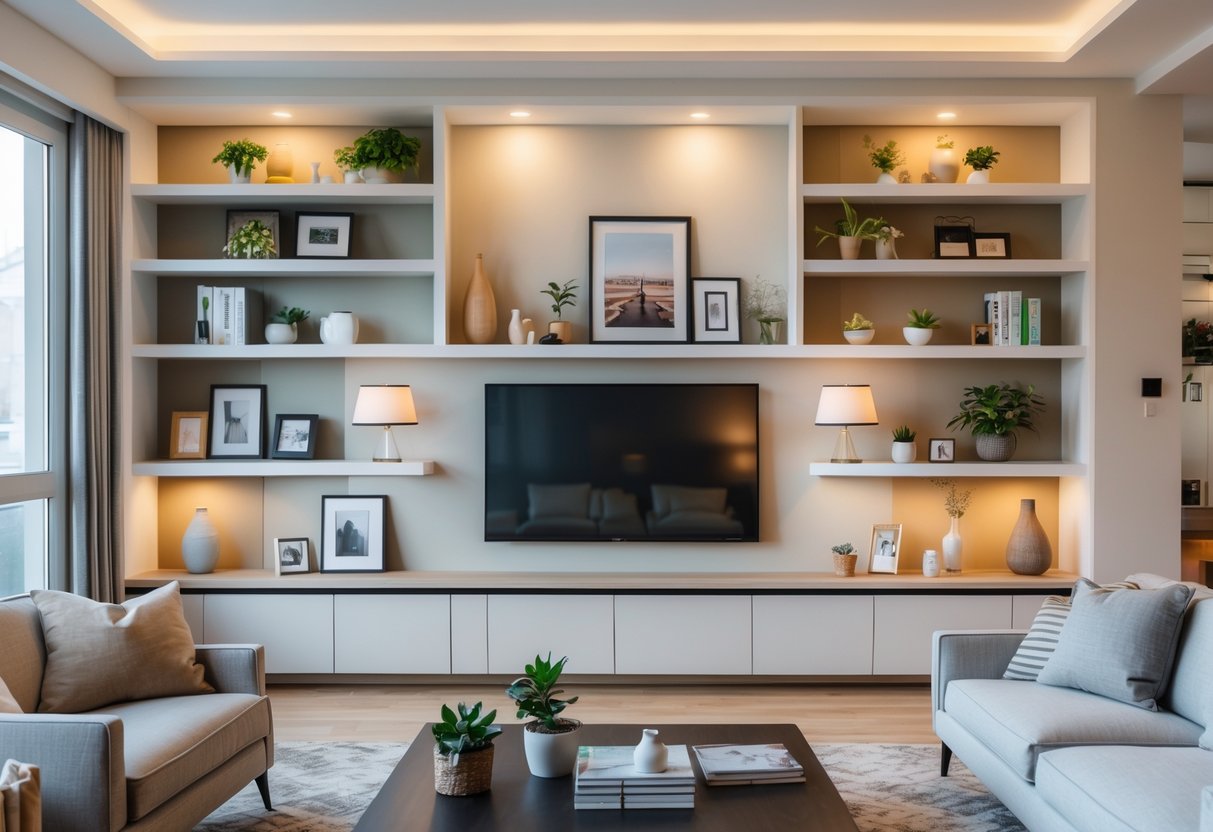 A living room with built-in shelves filled with decor items and storage, featuring a sofa, coffee table, and natural light.