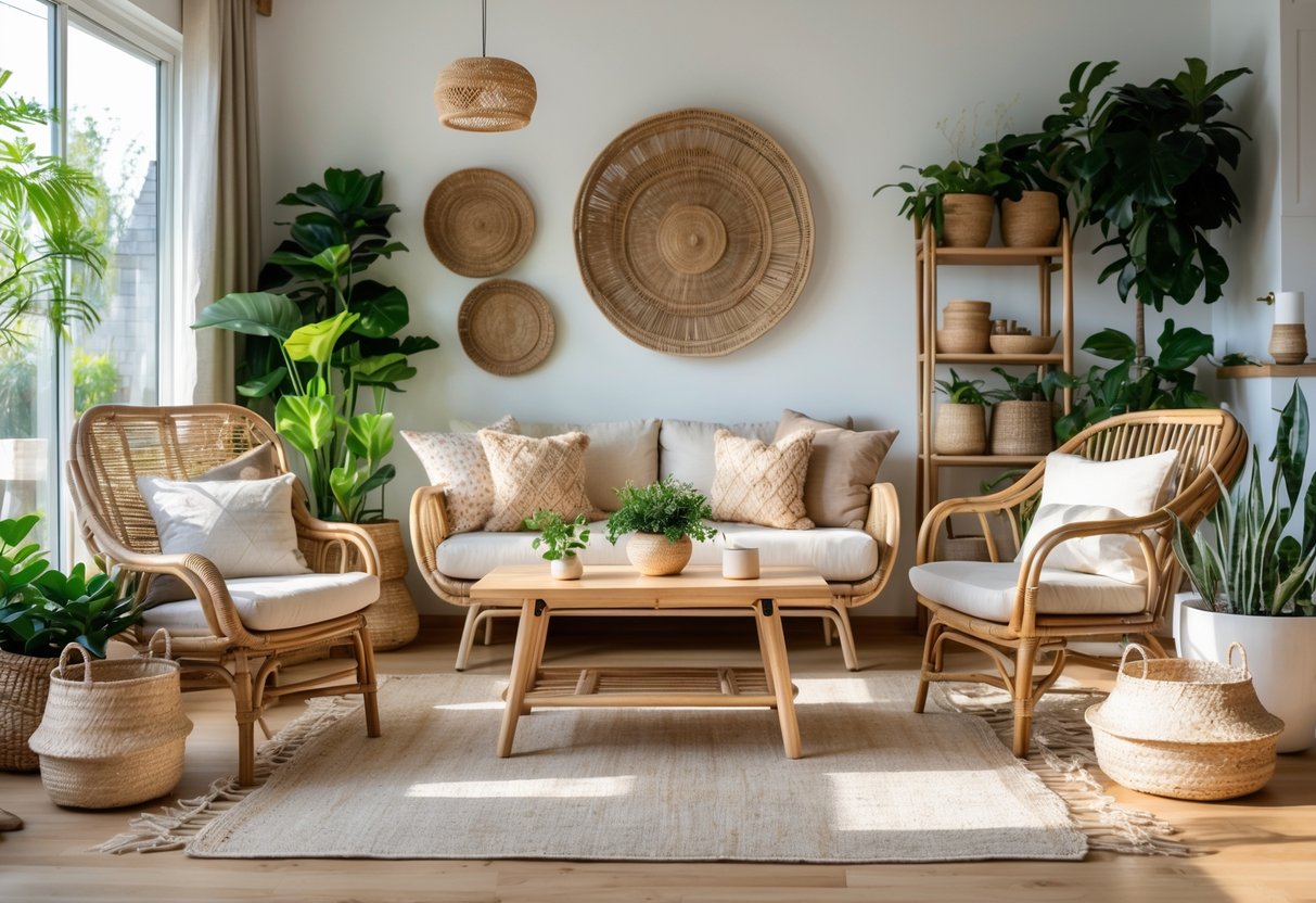 Living room with natural jute cushions, rattan chair, wooden furniture, plants, and woven baskets arranged in a cozy and inviting space.