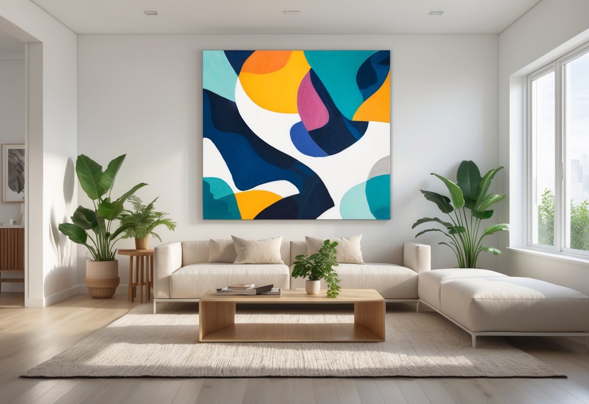 A living room with a large abstract painting above a sofa, a coffee table, plants, and natural light coming through windows.