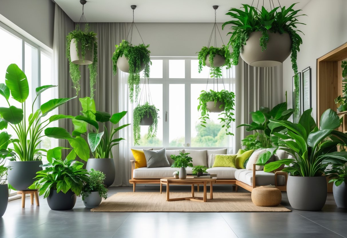 A living room with large potted plants and hanging planters, featuring comfortable seating and natural light.