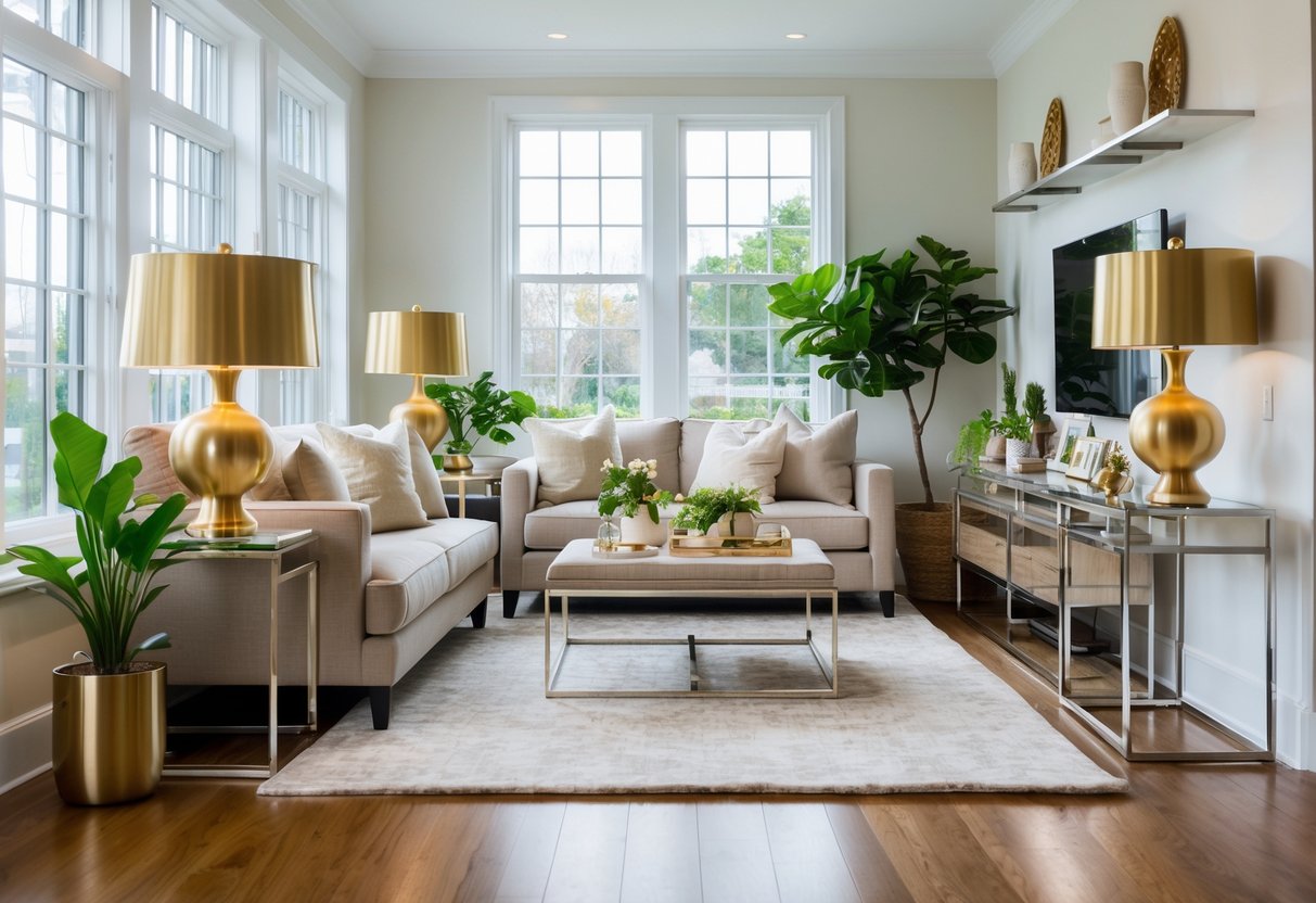 A well-lit living room with a sofa, brass lamps, chrome side tables, plants, and decorative objects.