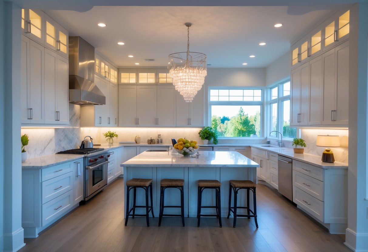 A modern kitchen with various lighting fixtures including pendant lights, recessed lights, under-cabinet lighting, a chandelier, wall sconces, track lighting, a skylight, toe-kick lighting, a table lamp, and color-changing bulbs.