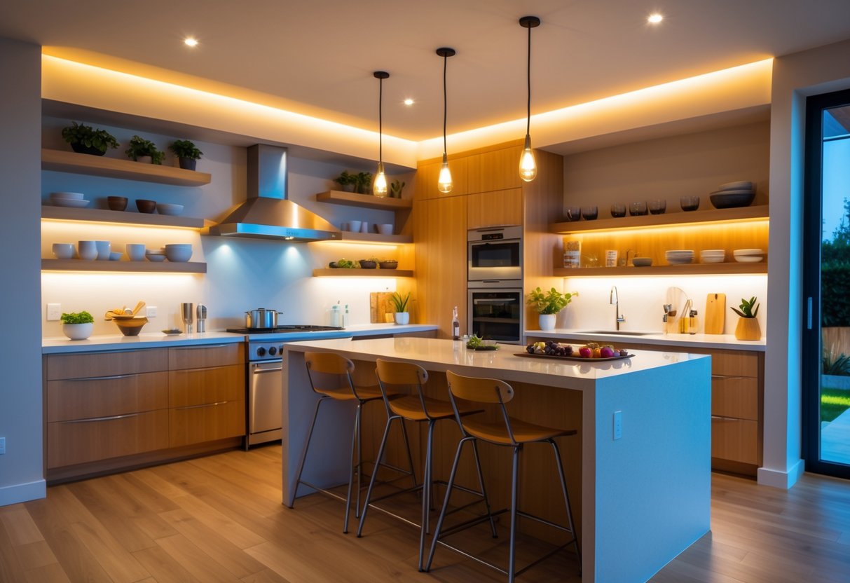 A modern kitchen with layered lighting including ceiling lights, under-cabinet lights, and accent lights illuminating the countertops, island, and shelves.