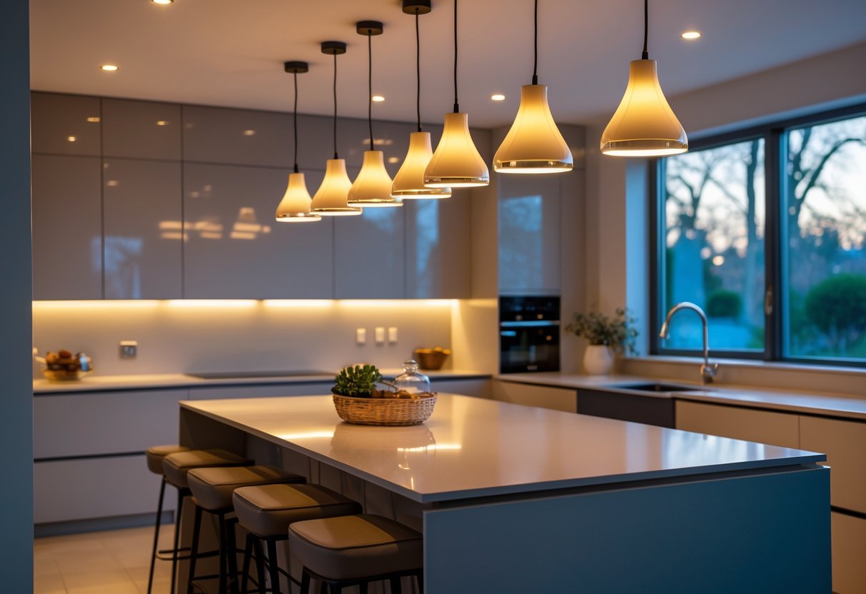 A modern kitchen island illuminated by multiple pendant lights hanging from the ceiling.