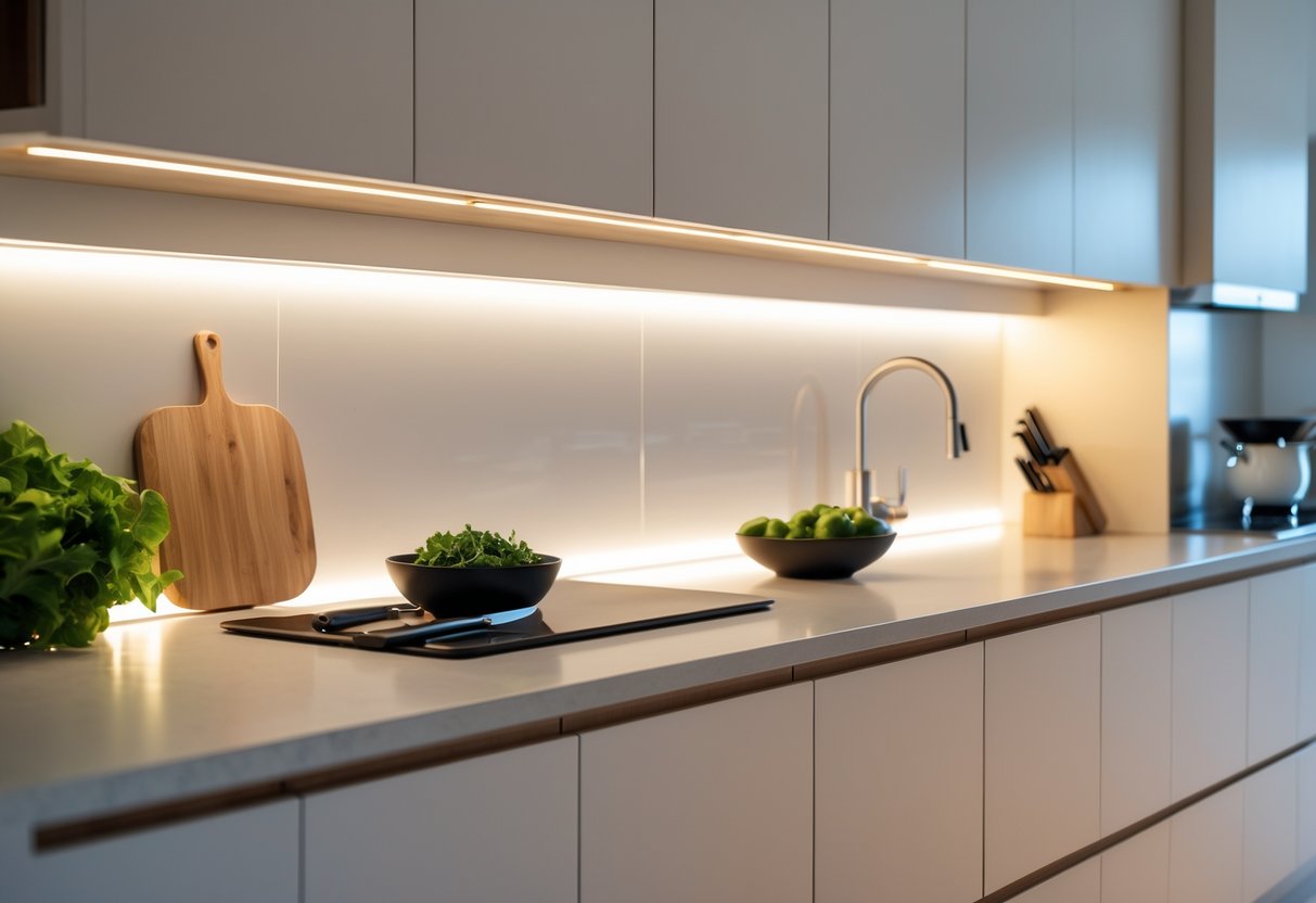 A modern kitchen countertop illuminated by warm under-cabinet LED strip lights with kitchen tools and fresh vegetables on the counter.