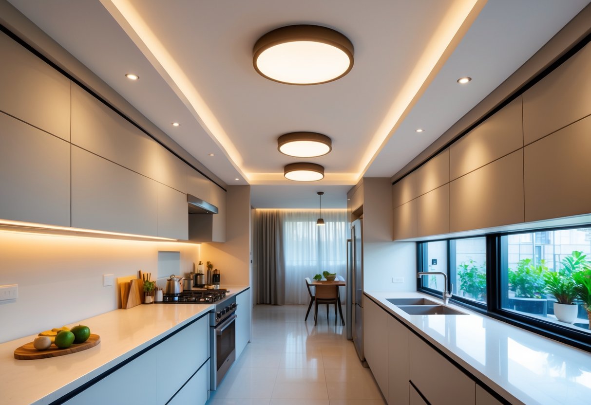 A modern kitchen with low ceiling and flush mount ceiling lights illuminating the space.