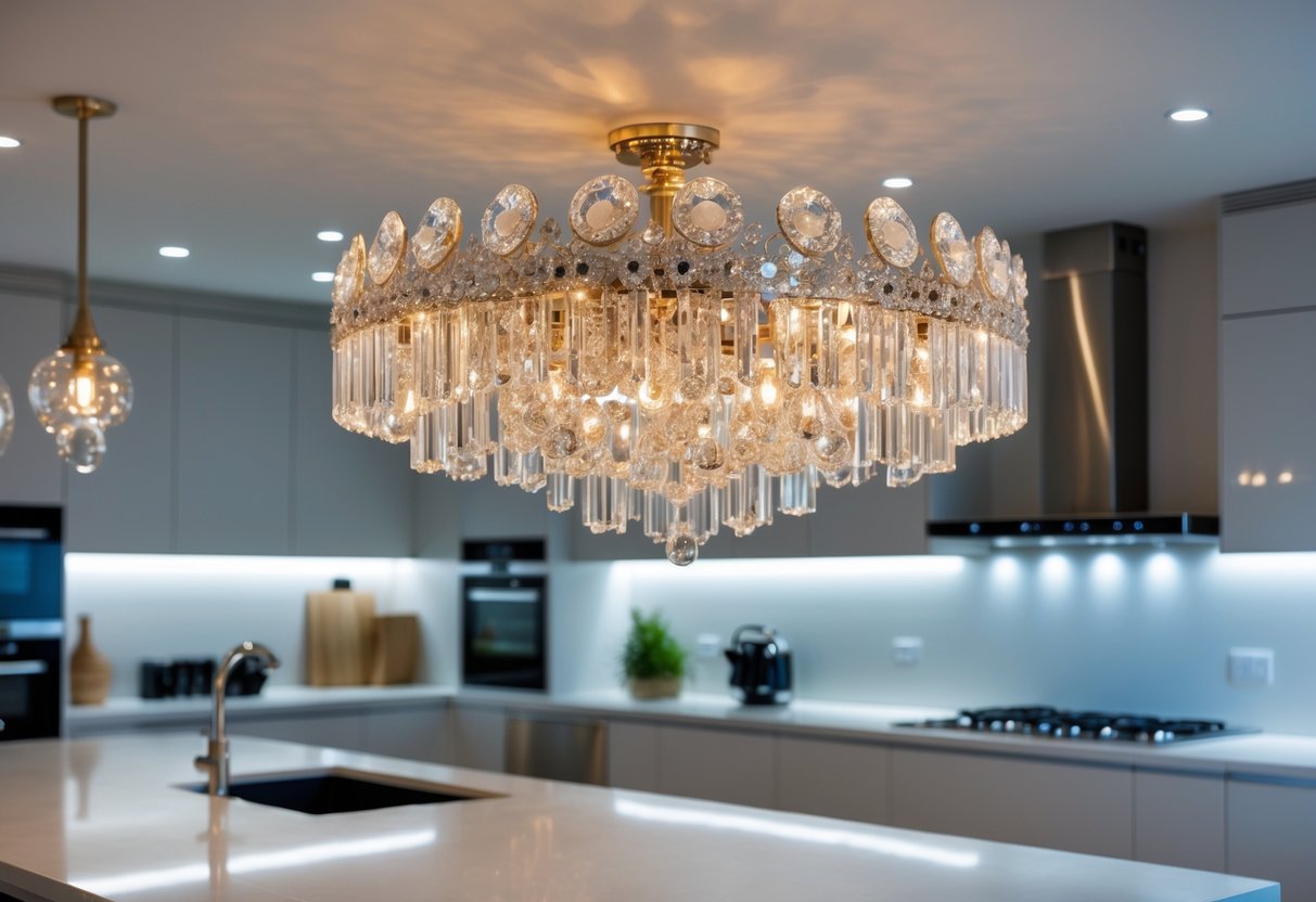A modern kitchen with a large, elegant chandelier hanging above a central island, surrounded by sleek cabinets and additional lighting fixtures.