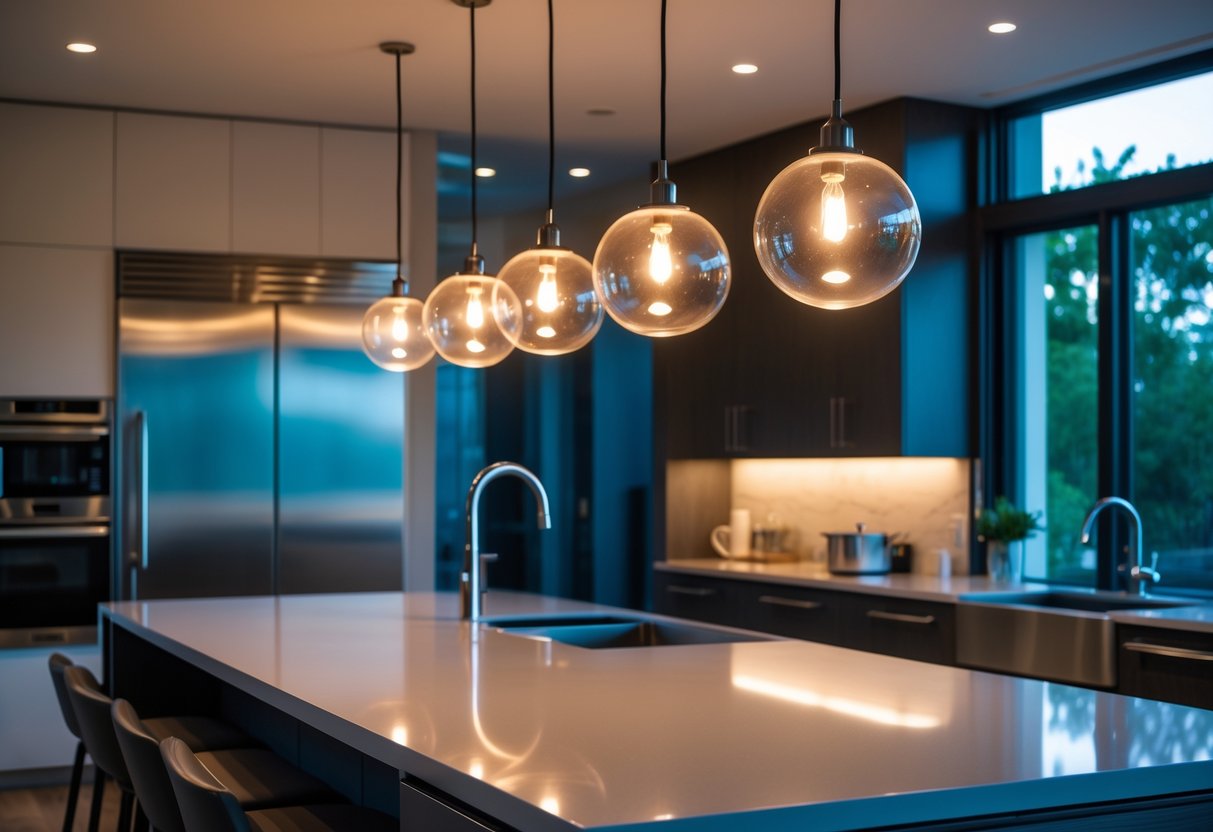 A modern kitchen with globe-shaped pendant lights hanging above a kitchen island.
