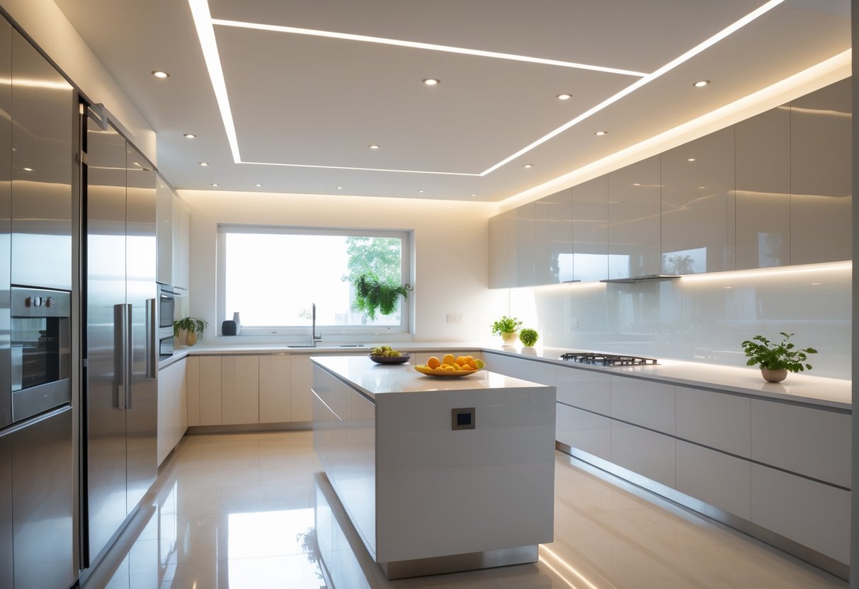 A bright modern kitchen with recessed ceiling lights illuminating the space evenly, featuring a large island, sleek cabinets, and stainless steel appliances.