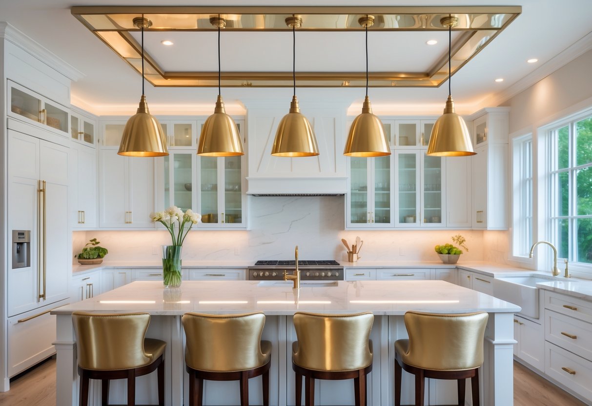 A modern kitchen with brass and gold leaf lighting fixtures illuminating the space, featuring a white countertop and large windows.