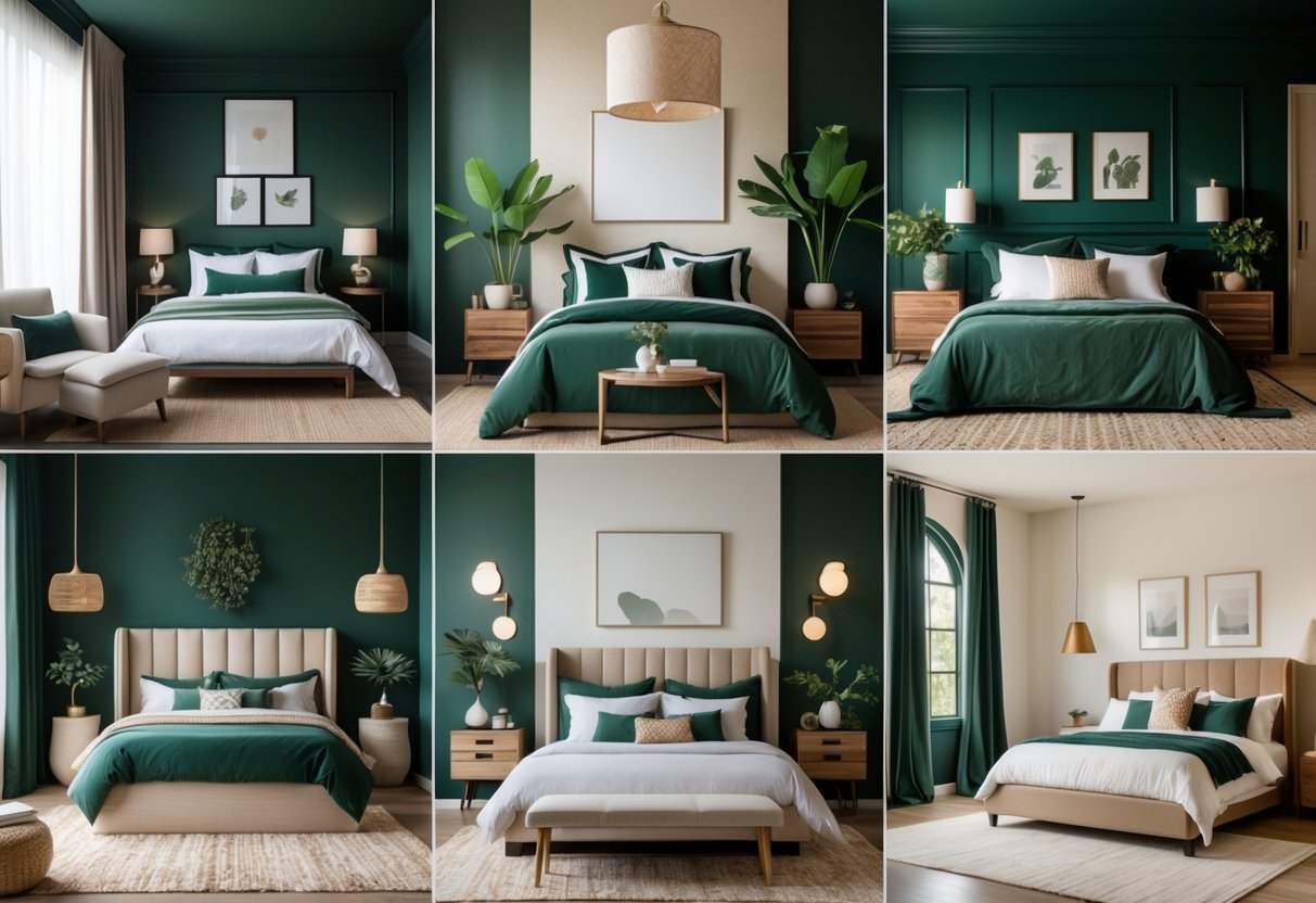 A collage of ten bedrooms with dark green walls and accents, featuring beds, furniture, plants, and natural lighting.