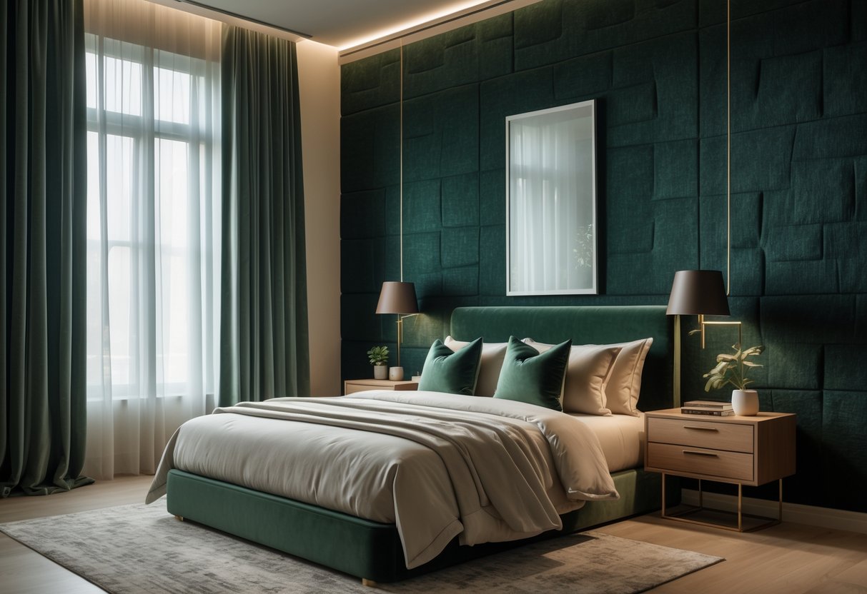 A bedroom with dark green textured wallpaper, a neatly made bed, a wooden nightstand with a plant, and soft natural light coming through a window.