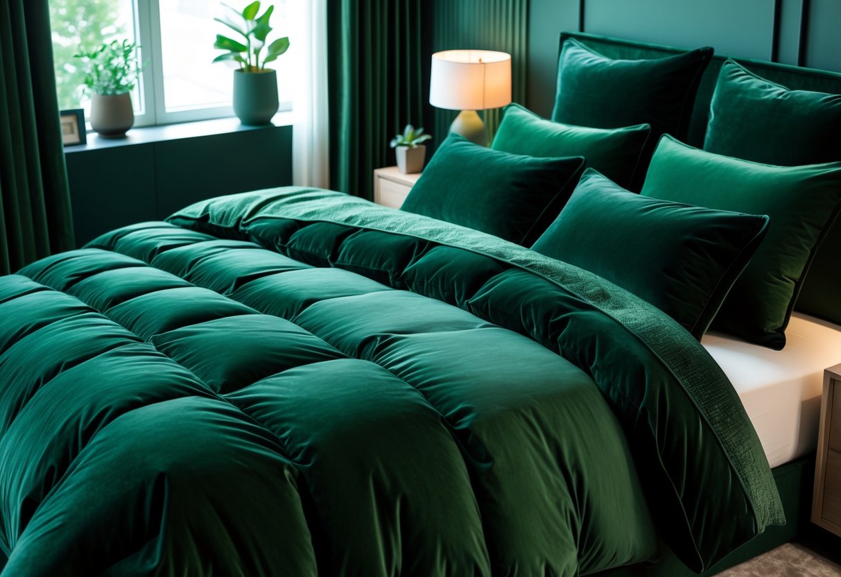 A bedroom with a neatly made bed featuring dark green velvet bedding, a wooden nightstand, a small lamp, and a potted plant by a window.