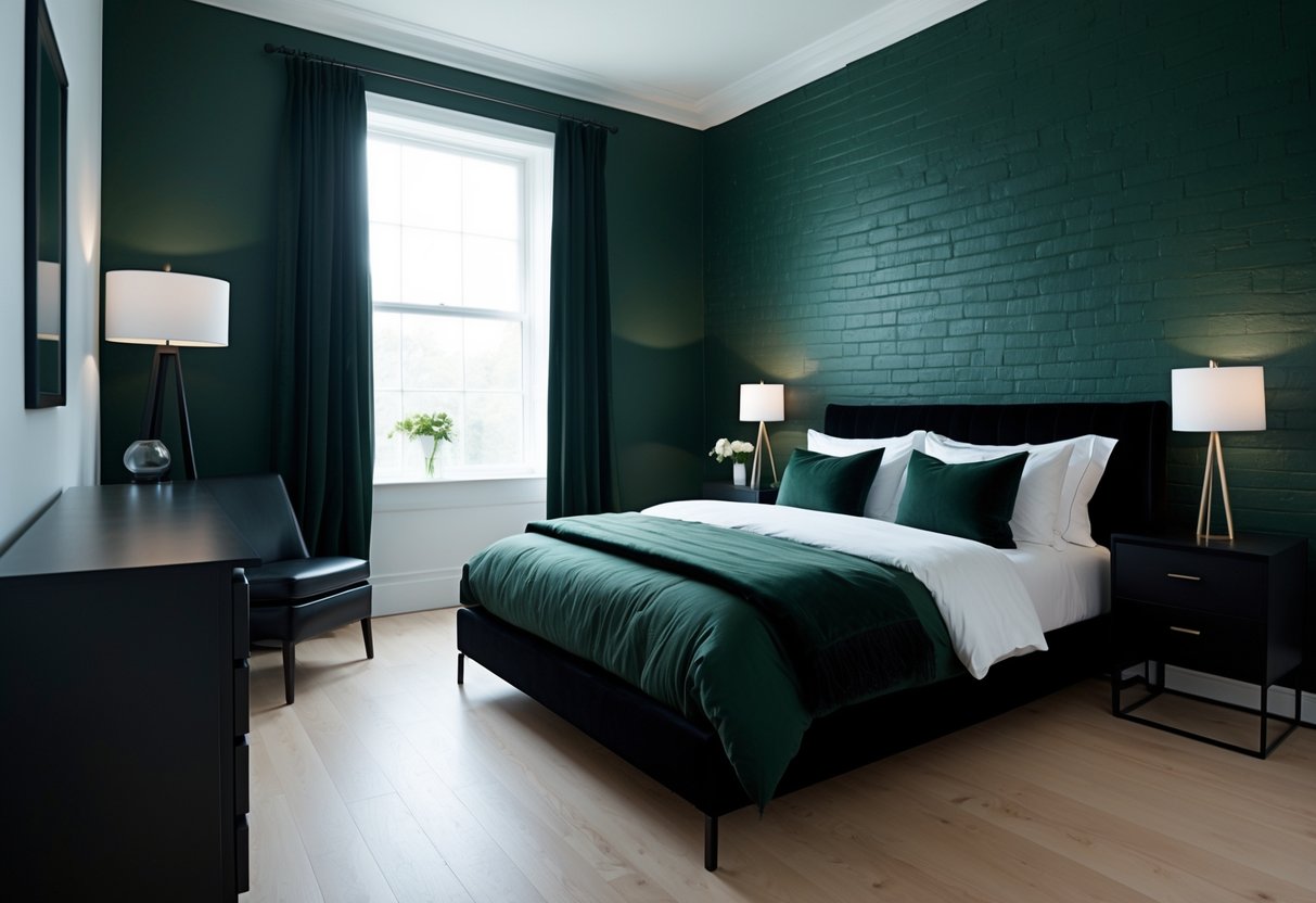 A bedroom with dark green walls and black furniture including a bed, bedside table, and dresser.