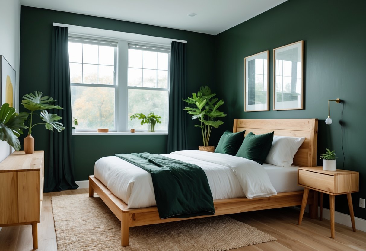 A bedroom with dark green walls, a wooden bed frame, white bedding, wooden nightstand, plants, and natural light coming through large windows.