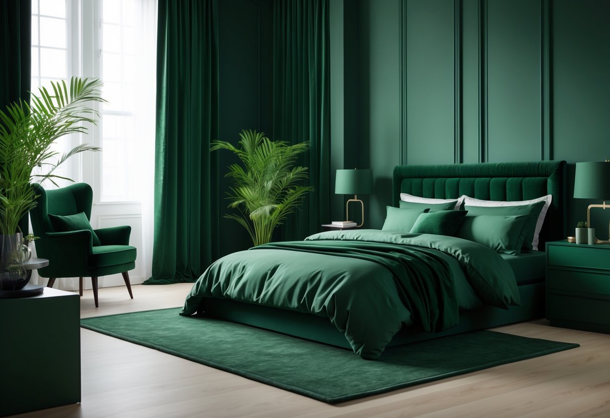 A bedroom decorated entirely in various shades of dark green, featuring a bed, armchair, bedside table, and plants.