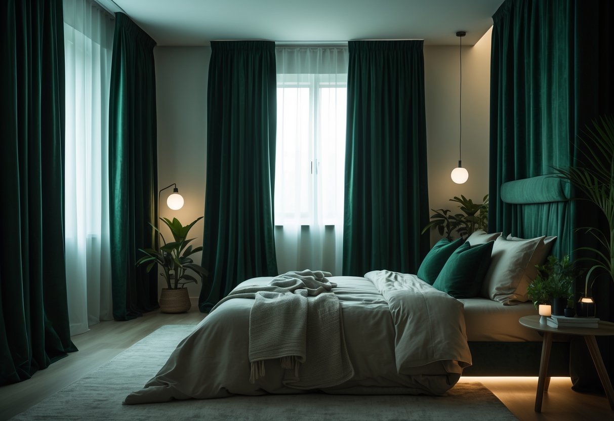 A bedroom with dark green curtains, a bed with neutral bedding, soft lighting, and decorative plants.