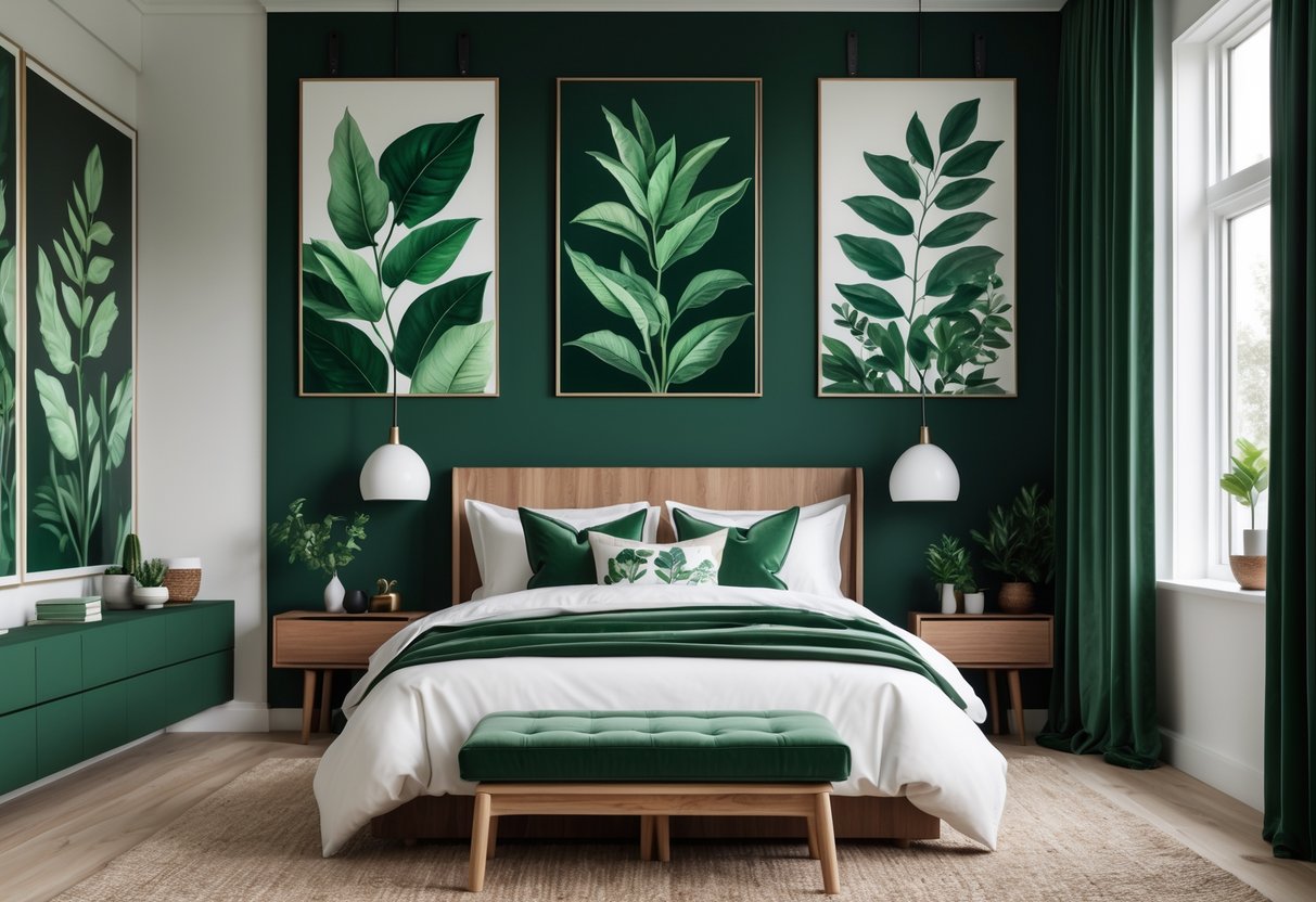 A bedroom with dark green decor and botanical art prints on the walls, featuring a bed, cushions, curtains, and natural light coming through windows.