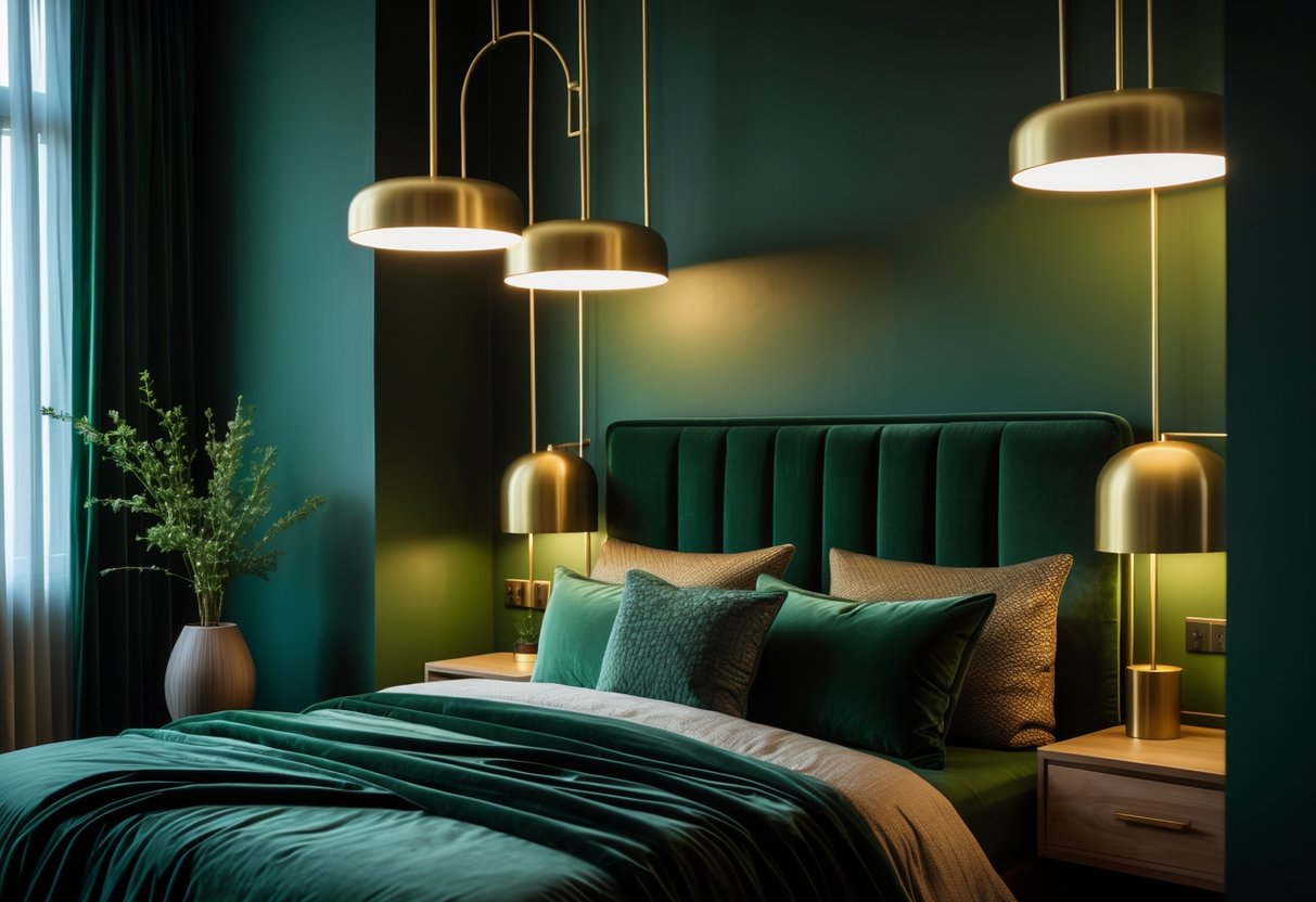 A bedroom with dark green walls and bedding, illuminated by warm gold lighting fixtures including pendant lights and bedside lamps.