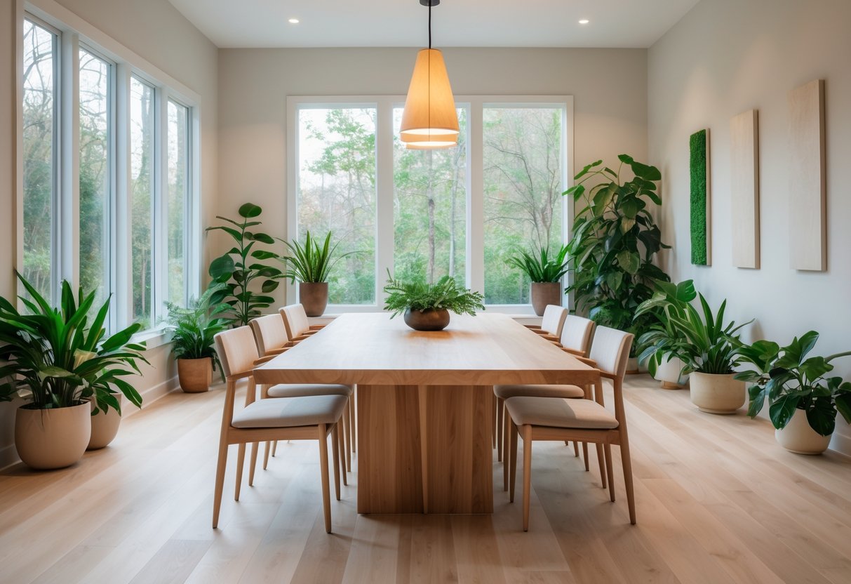 A dining room with a wooden table, chairs, large windows, and several potted plants.