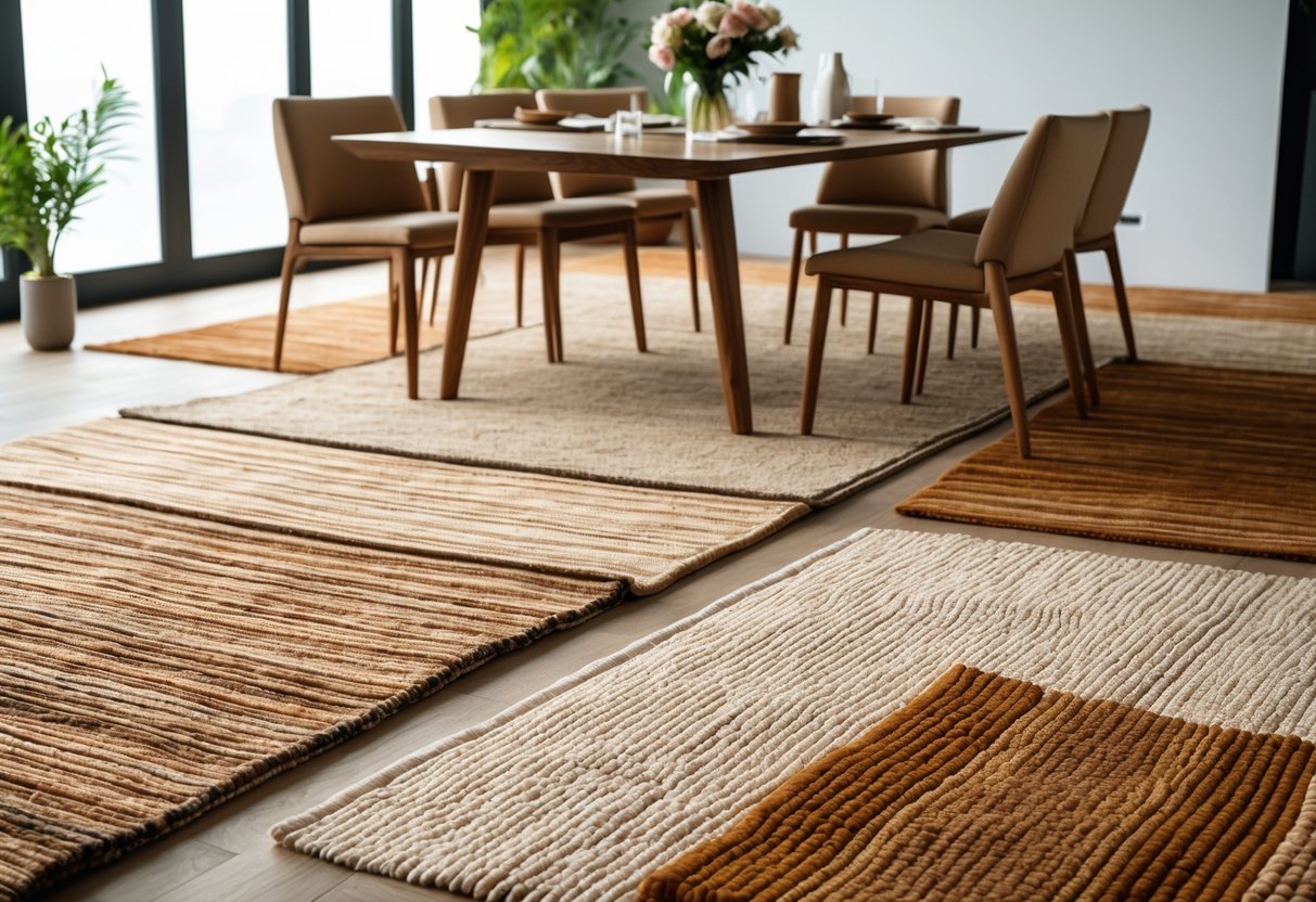 A dining room with a wooden table, chairs, and layered textured rugs on the floor, lit by natural light.