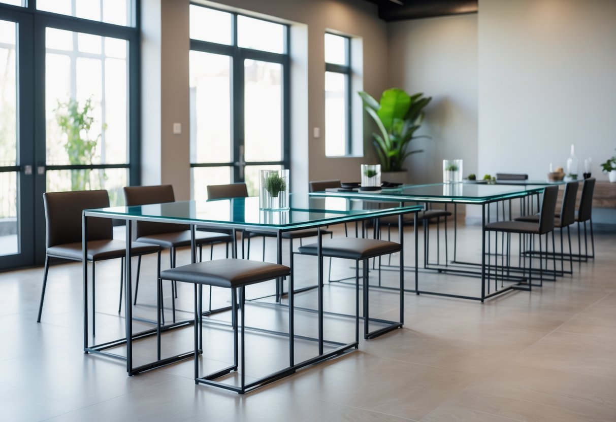 A spacious dining room with ten metal and glass tables arranged neatly, surrounded by chairs and natural light coming through large windows.