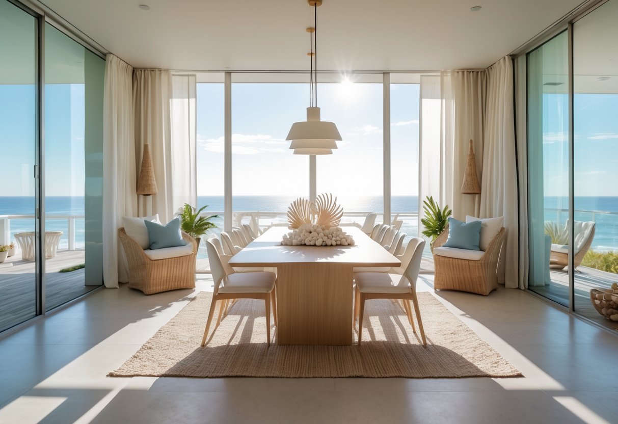 A bright dining room with a wooden table, chairs, large windows showing the ocean, and coastal decor including plants and natural accents.