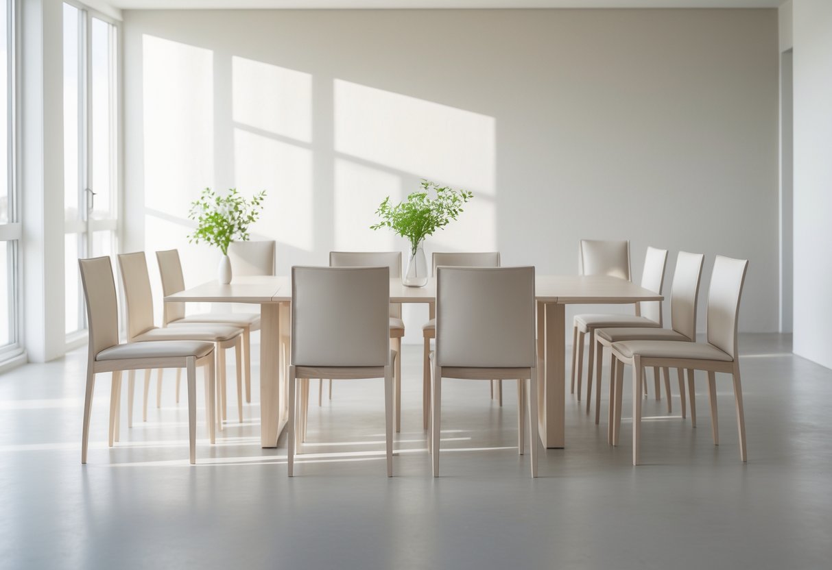 A bright dining room with ten dining chairs arranged around a long table, illuminated by natural light from large windows.