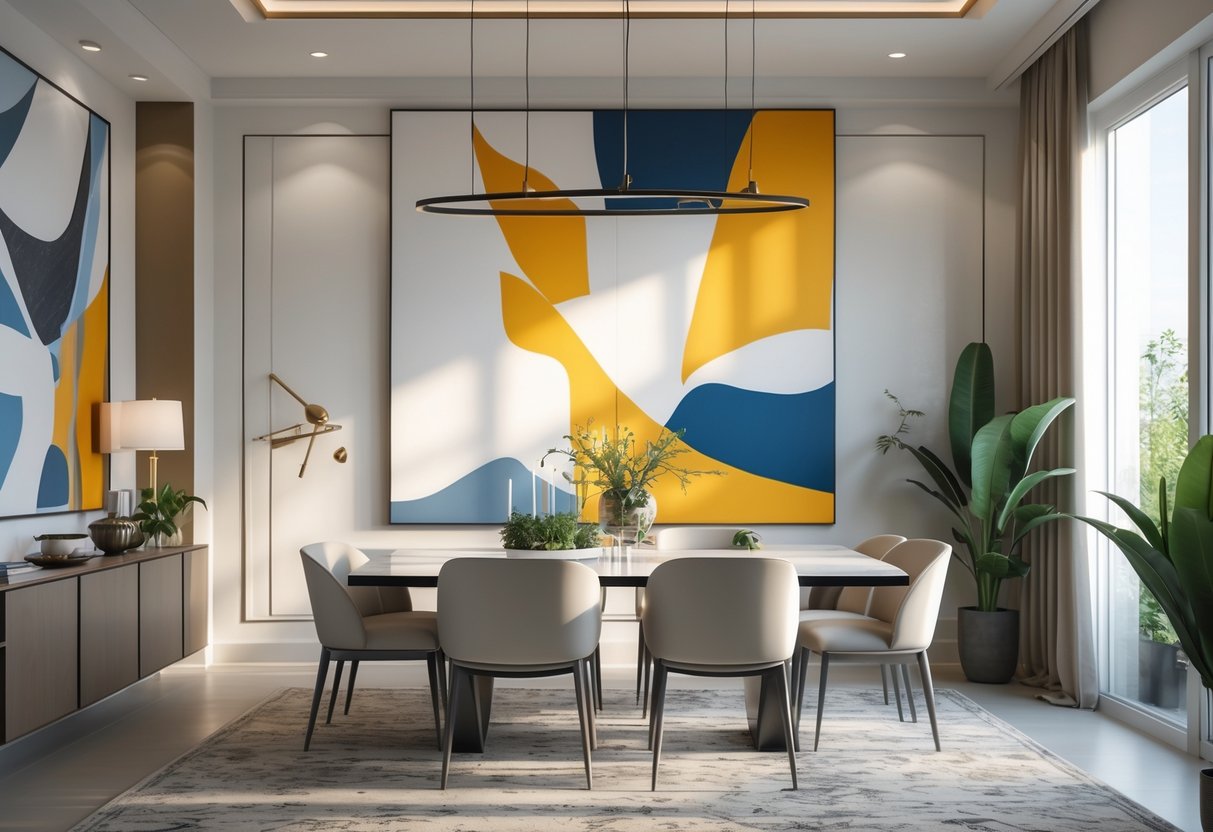 A modern dining room with a sleek table, chairs, large artwork on the wall, and natural light coming through windows.