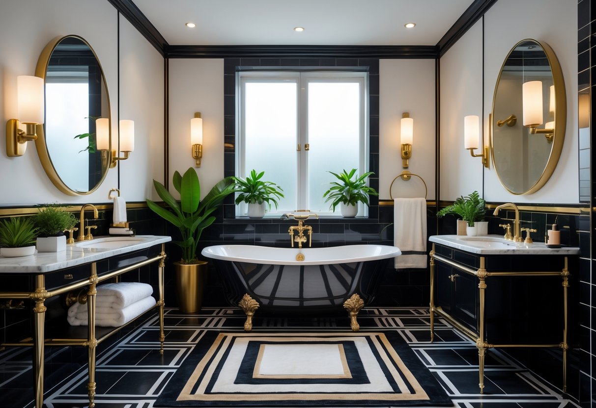 A bright, elegant bathroom with a freestanding bathtub, vanity with mirror, glass shower, and decorative plants.