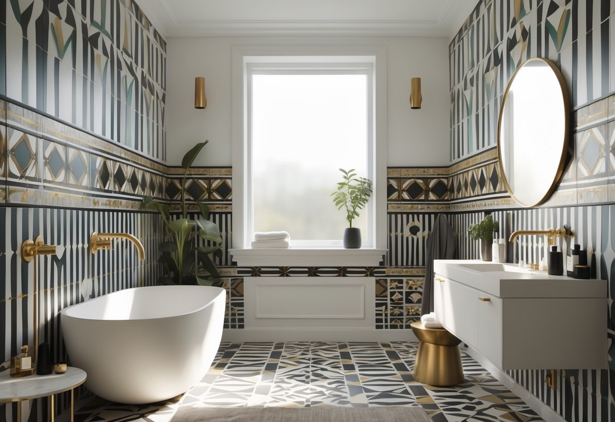 A modern bathroom with a freestanding bathtub, vanity with round mirror, brass fixtures, and bold geometric patterned tiles on the walls and floor.