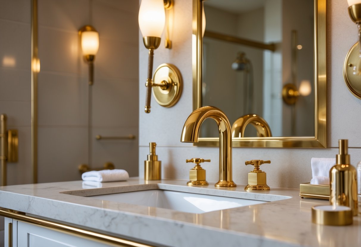 A bathroom with brass and gold fixtures including a faucet, towel racks, and light sconces, with a clean countertop and mirror.